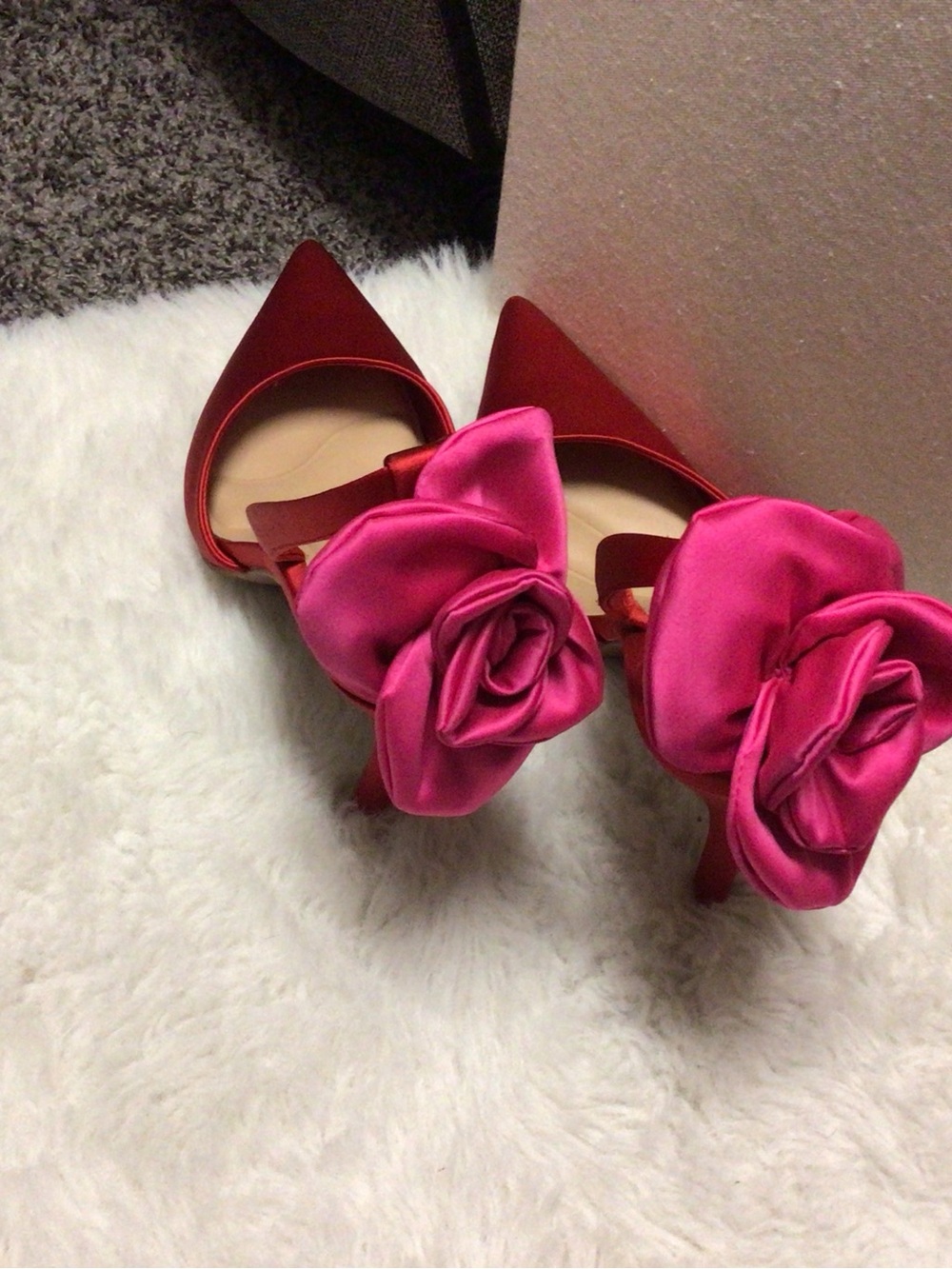 Gianni Bini Red Satin Pointed-Toe Heels with Pink Floral Ankle Accent - Picture 3 of 5